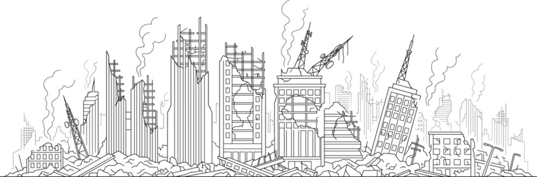Ruined city skyline vector line art showing destroyed skyscrapers smoke and post-apocalyptic urban damage