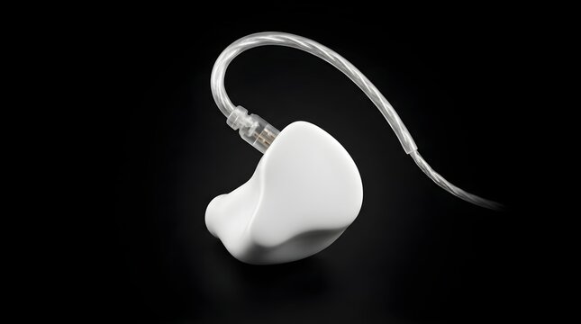 Professional White In Ear Monitor Earphone With Transparent Braided Cable Isolated On A Solid Black Background Studio Shot