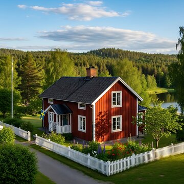 Charming red rural house with autumn foliage.