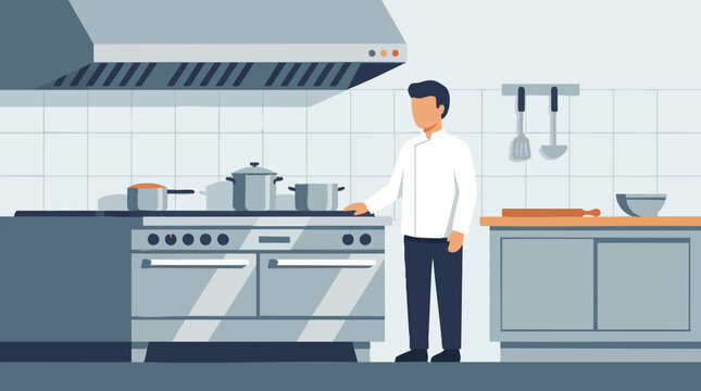 Professional kitchen with chef and cooking equipment - flat illustration