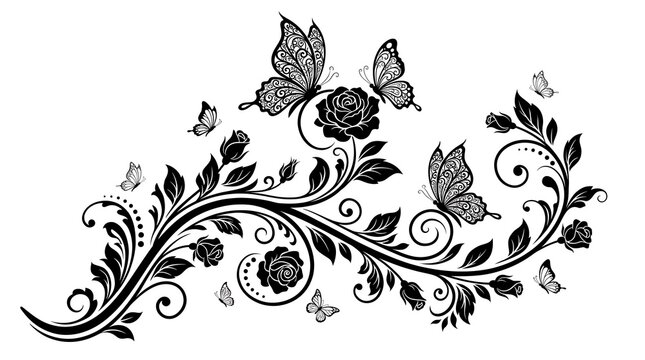 Black and white floral design with butterflies and roses on white background