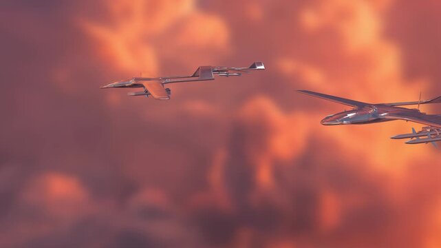 Military drone formation patrols the dramatic orange sunset sky in a cinematic 3D animation depicting advanced autonomous defense and aviation technology