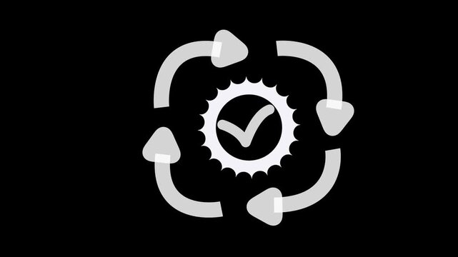 Checkmark icon centered inside a white gear surrounded by rotating arrows represents optimized quality control processes and continuous improvement strategies for efficient business workflow.