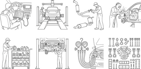 Obraz premium Vector line illustration set of auto mechanic diagnostics wheel alignment and engine repair service icons
