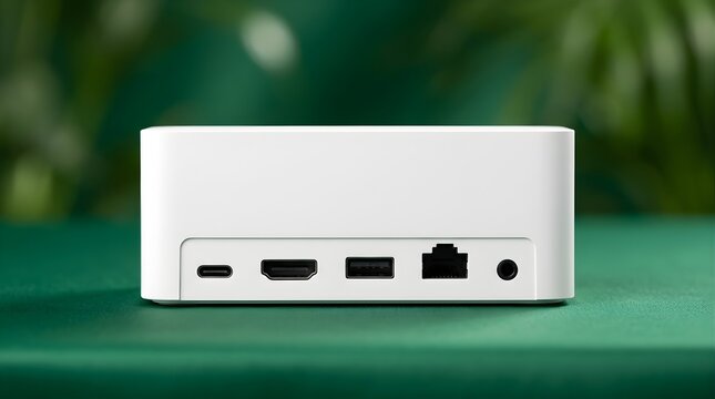 White Minimalist Mini Computer Or Network Router Device With Various Ports On Green Background And Soft Lighting