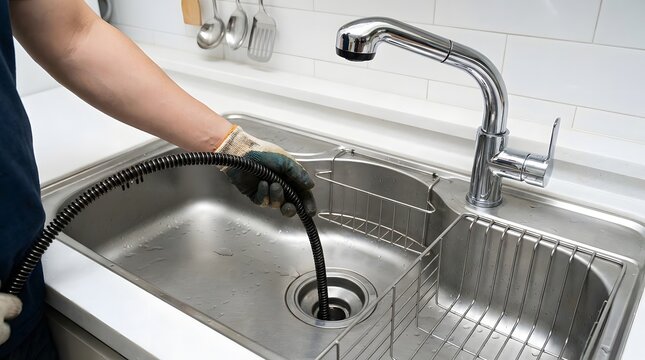 Professional drain cleaning service removing blockages from a stainless steel kitchen sink