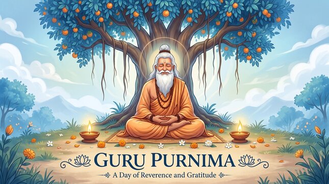 Happy guru purnima celebration vector illustration with guru meditating under a tree design art image