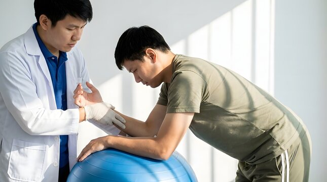Physical therapist assisting male patient with exercise ball rehabilitation