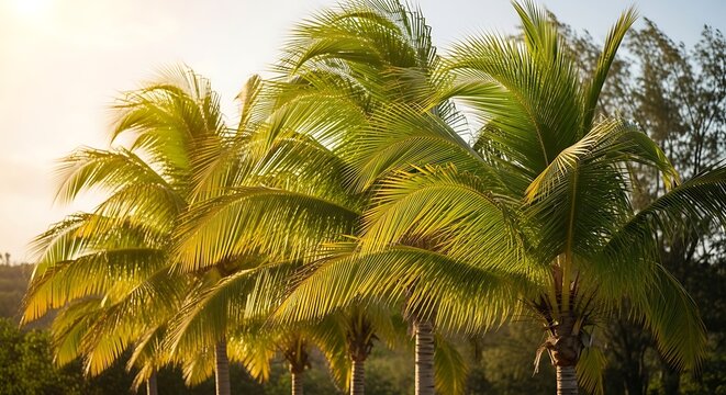 Close up of fresh green palm tree leaves.
