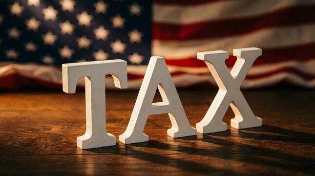 Us tax season concept with wooden letters and american flag in background