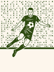Fototapeta premium Graphic illustration of a soccer player diving through the air in front of a stylized cheering crowd, using a green and cream limited color palette for impact