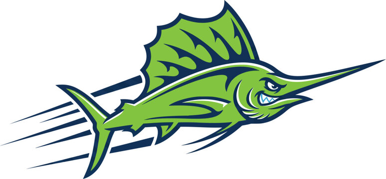 A dynamic illustration of a green sailfish or marlin mascot with an aggressive expression, depicted in motion with speed lines, suitable for sports teams or logos.