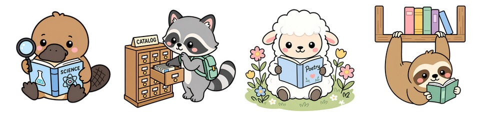 Fototapeta premium Cute platypus reading science book raccoon library catalog sheep meadow storybook sloth bookshelf kawaii animal study scene