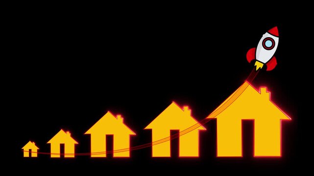 Houses increase in size progressively while a red rocket ship launches from the largest property to symbolize rapid real estate growth and market expansion within a conceptual housing development.