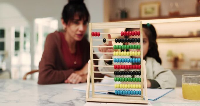 Mother, helping and child in home with abacus, math lesson and counting for education. Woman, tutoring and kid at house with academic toys, learning support and calculating beads for study session