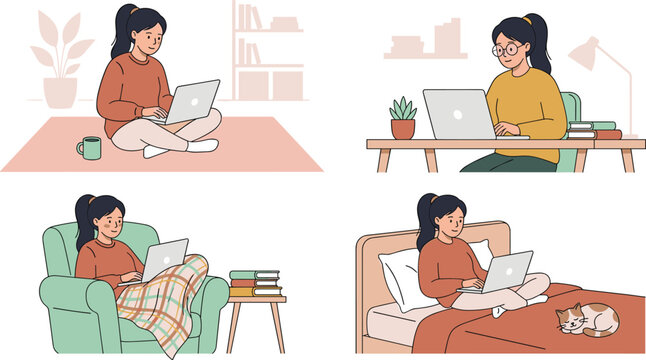 Cozy Freelancer Character Vector Set with Young Woman Working on Laptop in Bed, sitting on Floor Rug, and Lounging in Armchair
