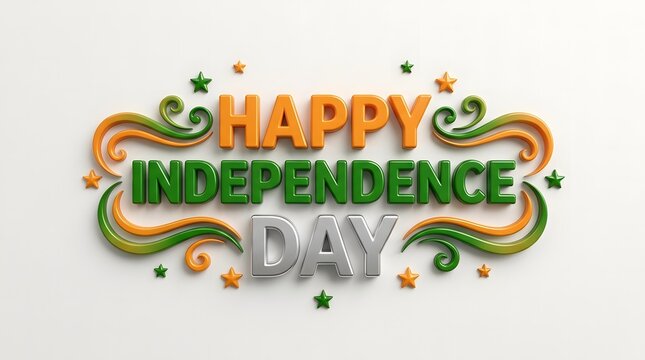 Happy independence day text featuring glossy orange green and silver three dimensional letters with decorative swirls and floating star shapes