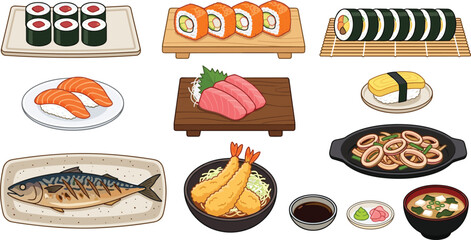 Traditional Japanese Sushi and Seafood Vector Icon Set with Maki Rolls, Salmon Nigiri, Tuna Sashimi, Tempura Shrimp, Grilled Mackerel, and Miso Soup © MD