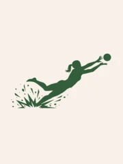 Minimalist green silhouette of a female volleyball player diving horizontally to reach the ball, showing a dynamic athletic pose with stylized ground splash effects. © SyedIstaqbal