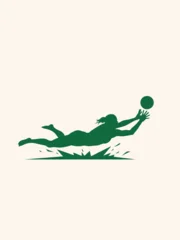 Dynamic green silhouette vector of a female volleyball athlete diving to keep the ball in play, featuring a clean composition and stylized ground impact details. © SyedIstaqbal