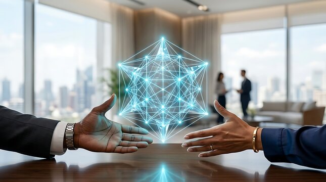 Two business people reaching hands toward glowing geometric wireframe structure floating above polished wooden table.