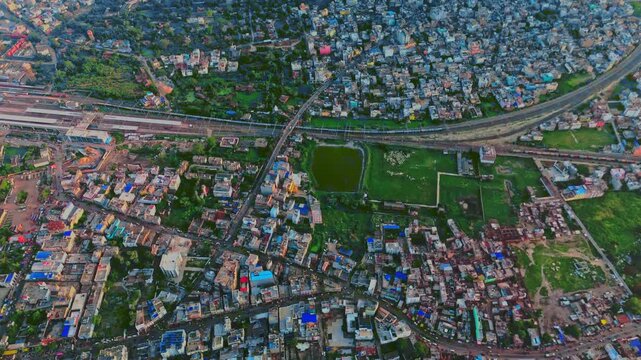 4K Aerial Top down Buildings and Apartment with Multiple Building aerial. Urban Buildings and Apartment at bridge road at Delhi. Cinematic cityscape drone shot. Noida Buildings.
