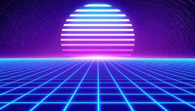 Retro futuristic computer generated scene depicting a synthwave sunset over a digital grid Concept of cyber nostalgia.
