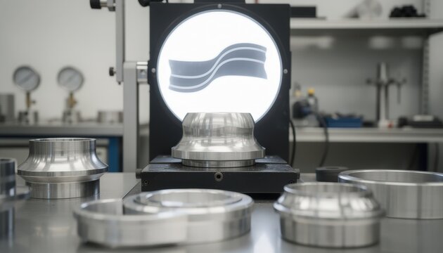 Medium shot showing an optical comparator checking the radii of complex turned parts emphasizing curvature accuracy and dimensional conformity in metal fabrication.