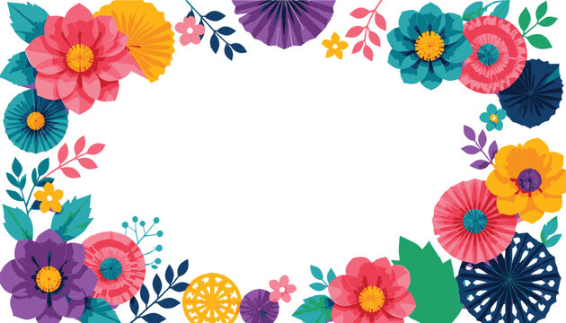 Colorful paper flower fiesta floral border frame background with bright dahlias and decorative fan elements