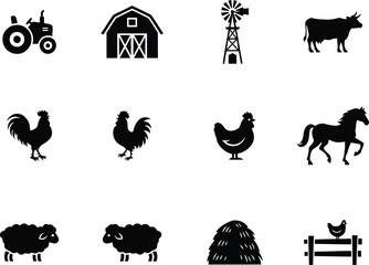 Fototapeta premium Farm animal and equipment silhouettes vector icons for agricultural designs and rural illustrations