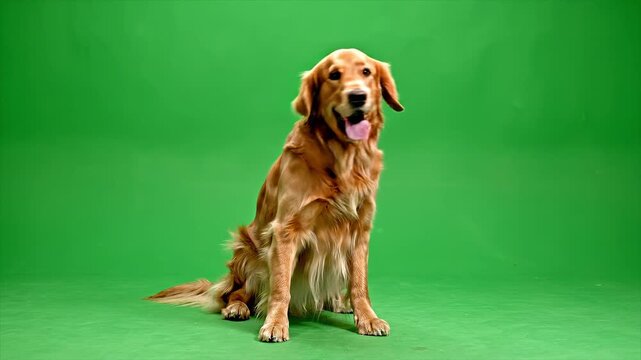 Happy Golden Retriever Sitting on Green Screen Chroma Key Isolated Dog Animation 4K