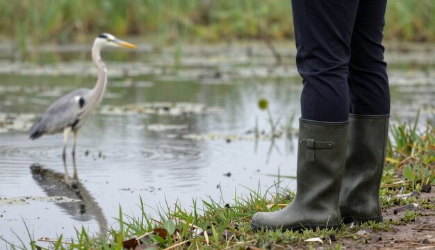 Person in dark pants and olive‑green wellies observing a grey heron on a wetland, calm and contemplative mood, marsh backdrop with rippling water and grass  