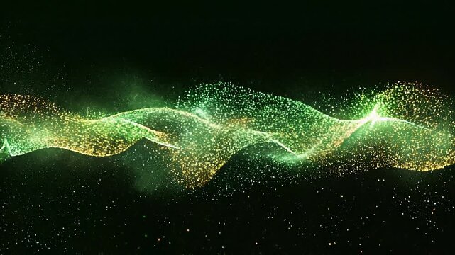 Abstract motion background with glowing green and orange particles flowing in a wave pattern against a black background