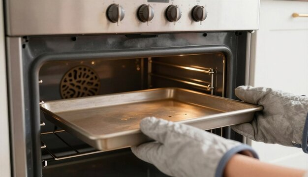 Person using oven mitts cautious putts into or pulls out the  baking tray the oven