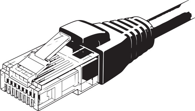 Black and white illustration of an ethernet internet cable connector Vector