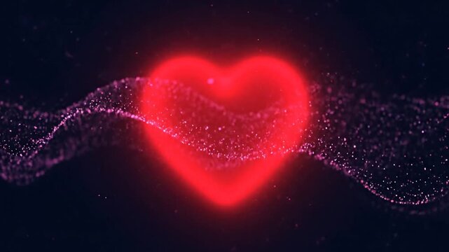 A glowing red heart shape surrounded by flowing digital particles