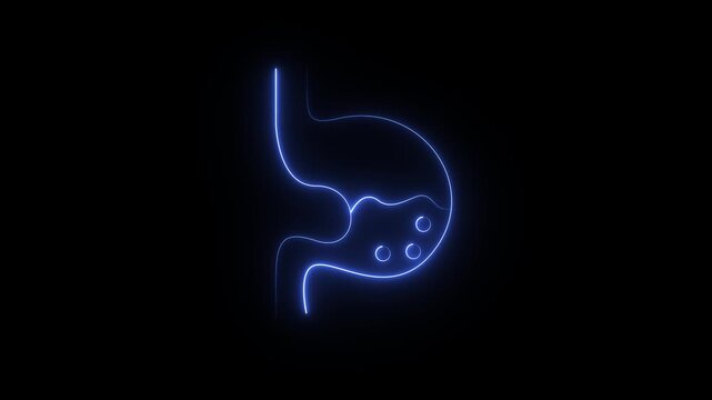 Glowing Blue Neon Human Stomach Icon &ndash; Anatomical Digestive System Concept for Healthcare Technology.