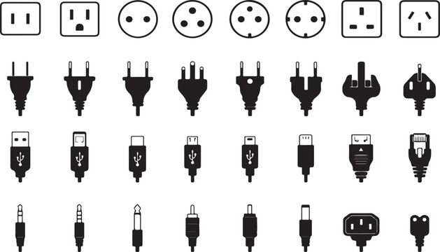 Set of various electrical power plugs and connection cable port icons Vector