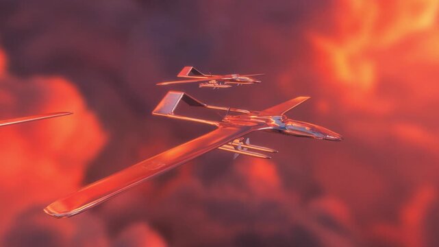 Chrome plated tactical military drone leads a squadron across a fiery twilight horizon in an epic 3D render capturing next generation electronic warfare concepts