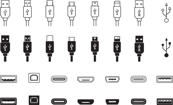 Collection of various USB cable connectors and port icons set Vector