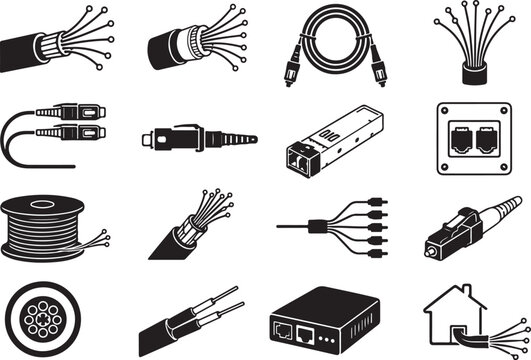 Set of fiber optic cable and network technology icons in black and white Vector