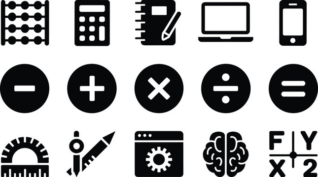 Mathematics and Online E Learning Icon Set with School Education Calculation Elements for Website Interfaces and Digital Graphic Designs