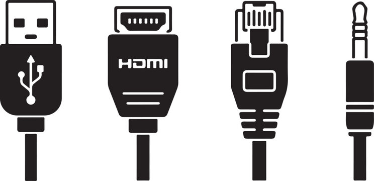 Set of computer cable connectors including USB HDMI ethernet and audio jack Vector