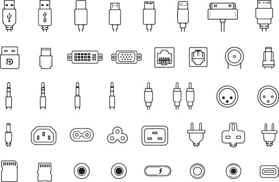 Set of various computer cable connectors and electronic port icons Vector