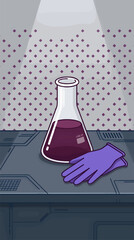 Flat Design Laboratory Scene with Erlenmeyer Flask of Purple Liquid and Purple Gloves on a Table, Dim Lighting with Spotlights from Above © Raflistudio