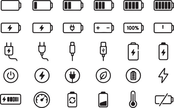 Set of black battery power and charging icons for mobile devices Vector