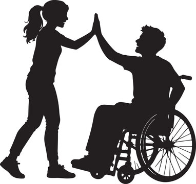 Woman giving a high five to a man sitting in a manual wheelchair Vector