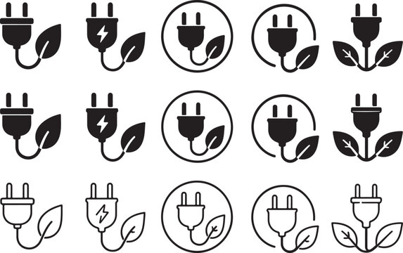 Set of green energy icons with electric plugs and leaves Vector