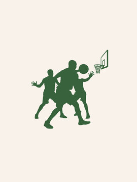 Minimalist green silhouette illustration of basketball athletes competing for a shot at the hoop, emphasizing verticality and athletic drive in professional sport