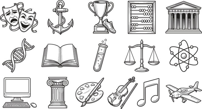 Vintage Education and University Science Hand Drawn Engraving Style Line Icon Set with School Subjects and Academic Symbols